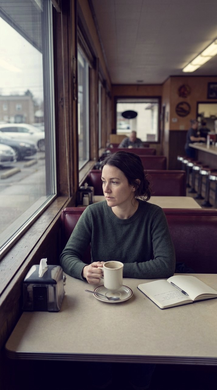 Graded with Editor's Library: The booth by the window with the whole split on it. Warm highlight against cool shadow, tone untouched.